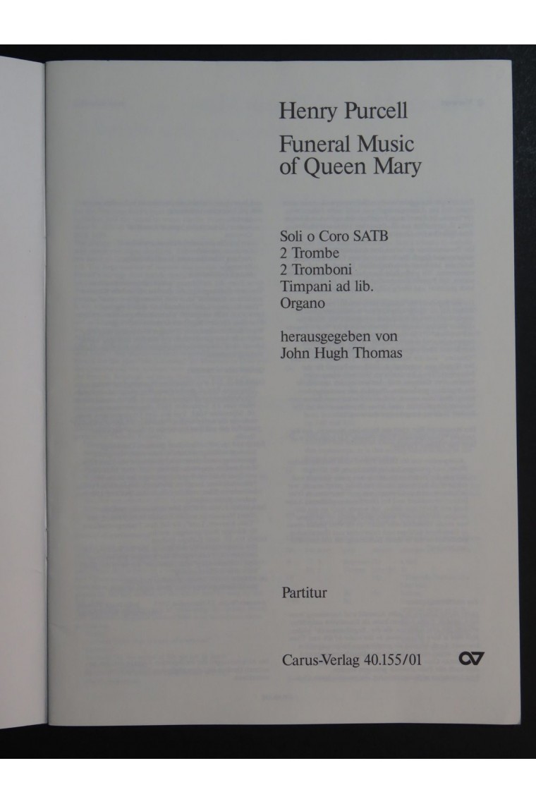 PURCELL Henry Funeral Music of Queen Mary Partitur 1978