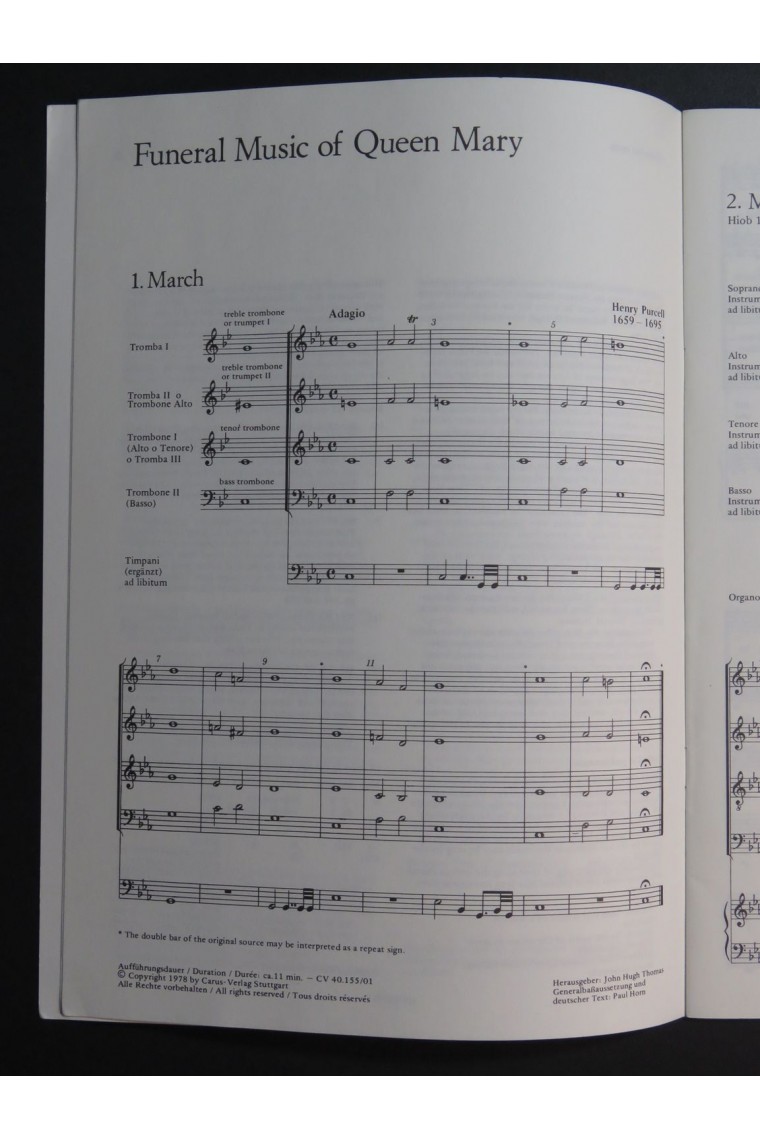 PURCELL Henry Funeral Music of Queen Mary Partitur 1978