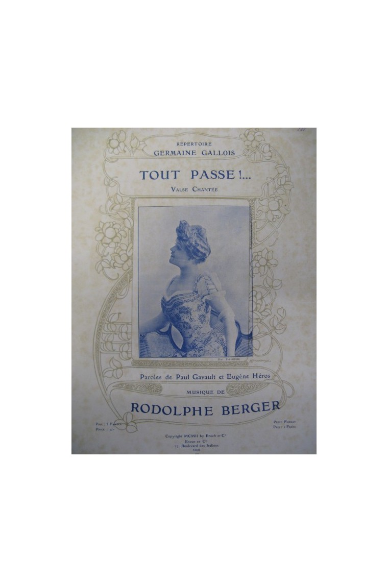 Chant Piano 1902 partition sheet music score BERGER Rodolphe Tout Passe 