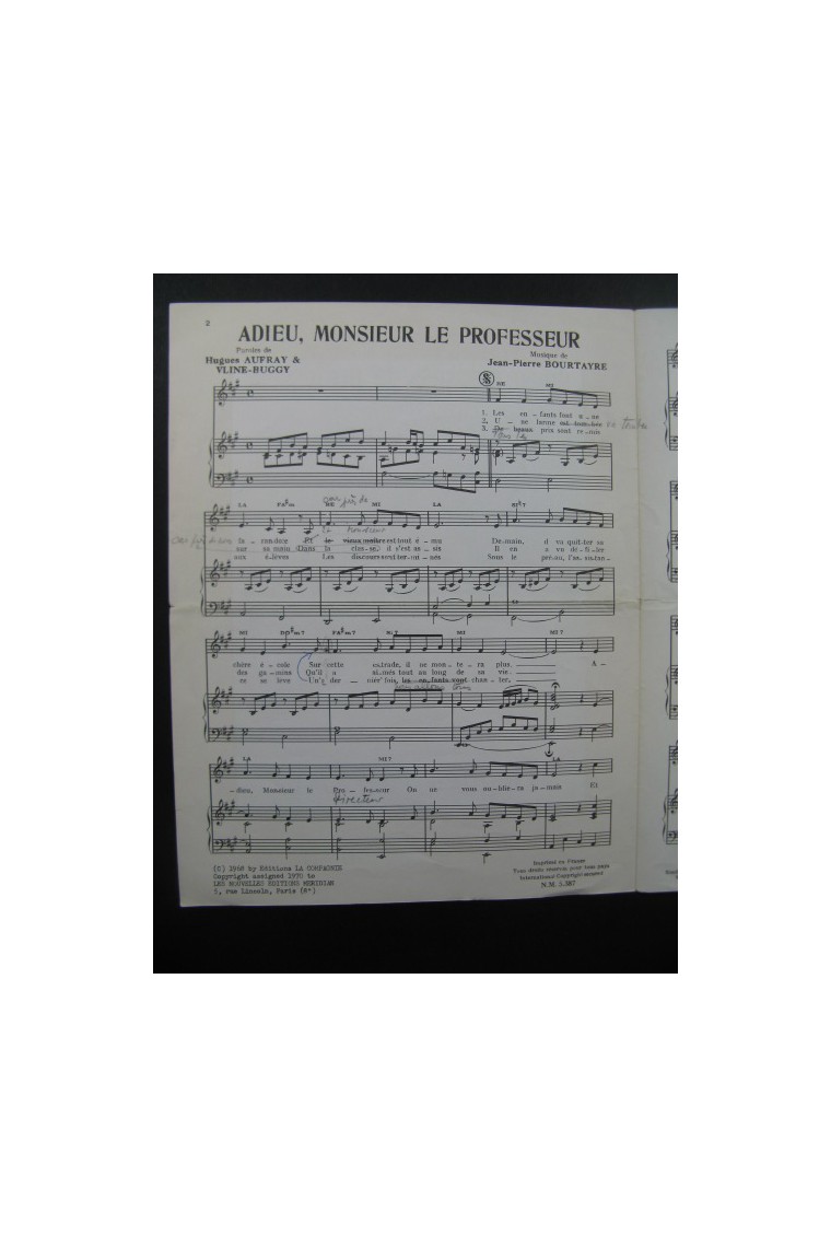Adieu Monsieur Le Prof Musique Sans Paroles Adieu Monsieur le Professeur Hugues Aufray Chant Piano 1970