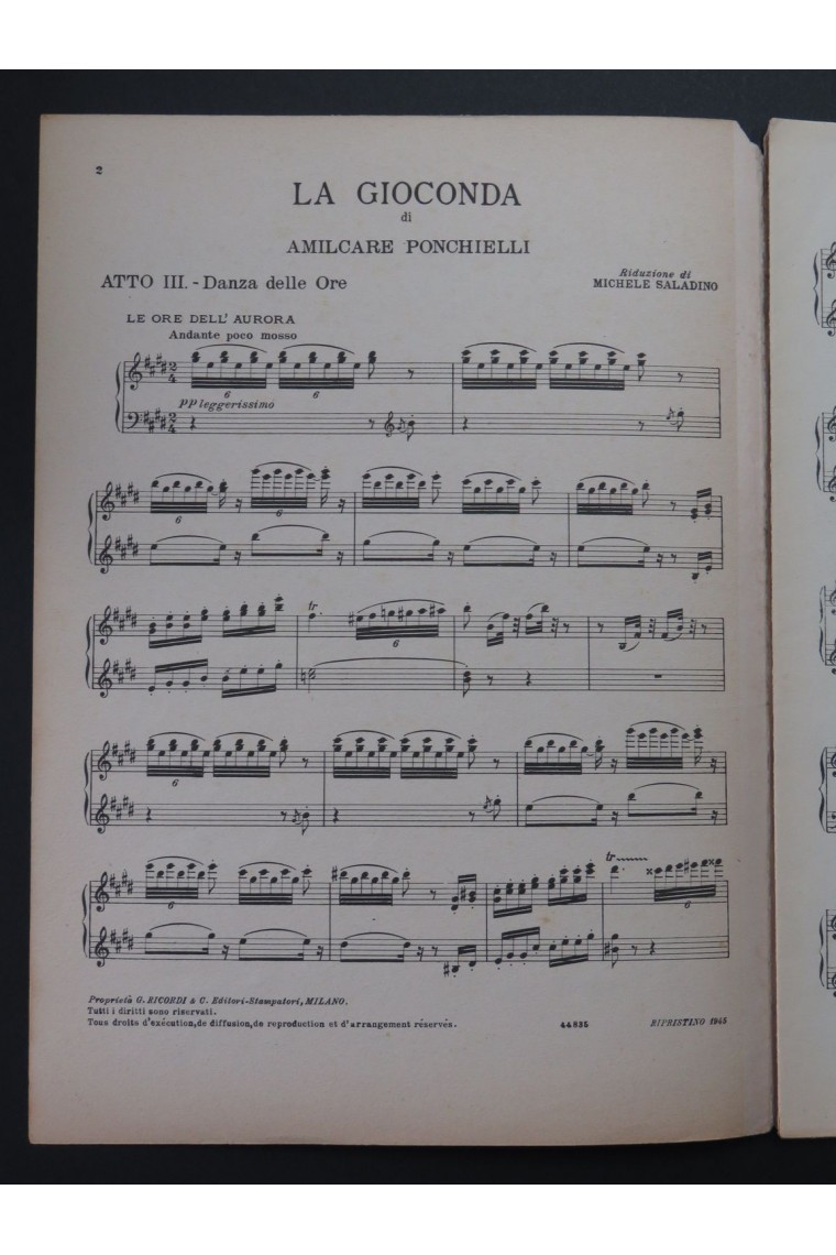 PONCHIELLI Amilcare La Gioconda Danza delle Ore Chant Piano 1945